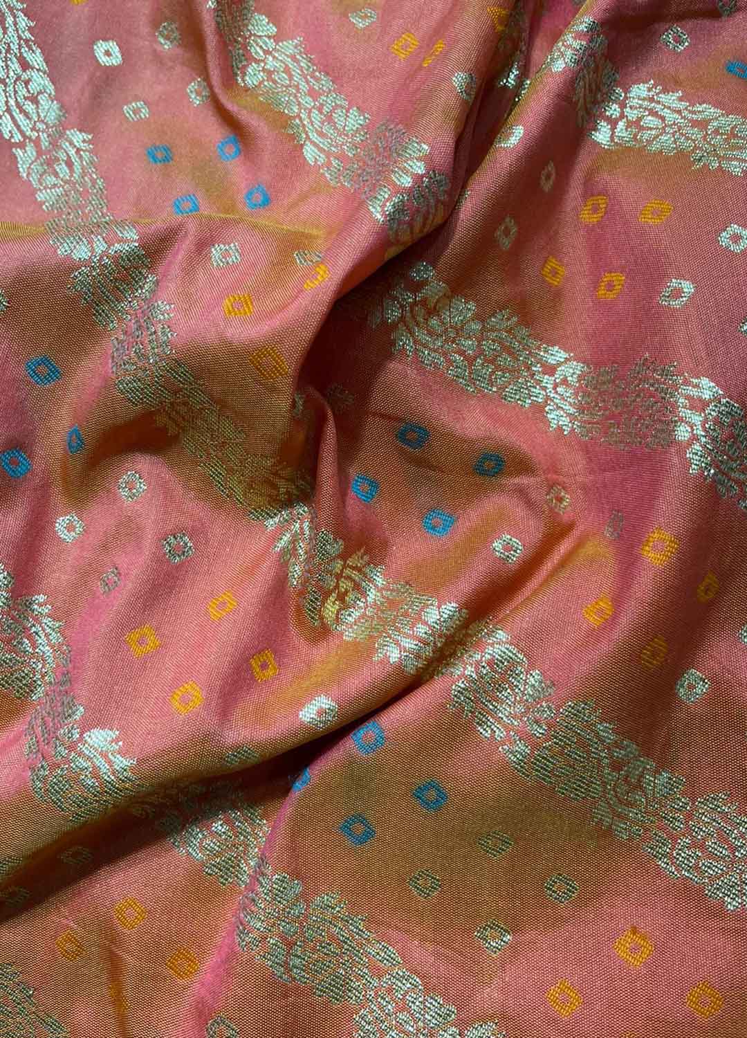 Orange And Pink Shot color Banarasi Silk Fabric ( 1 Mtr ) - Luxurion World