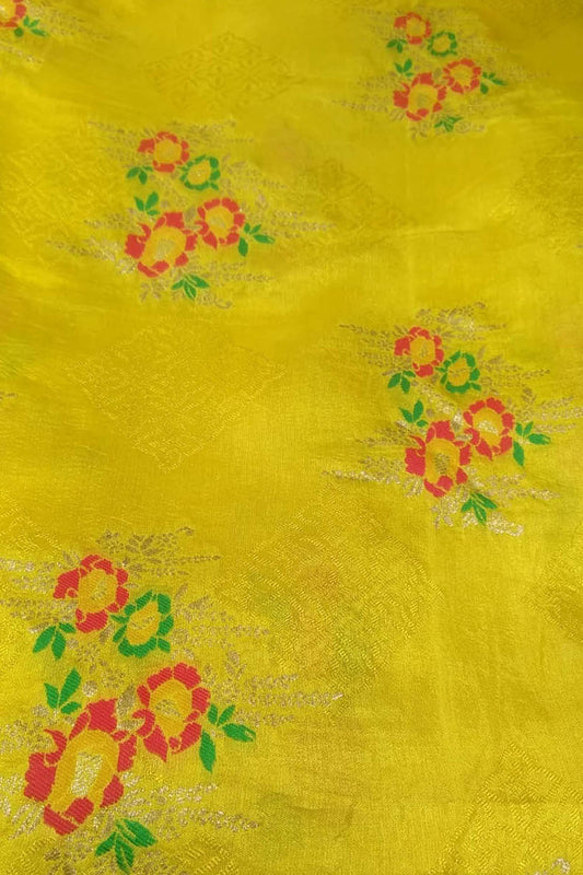 Yellow Banarasi Meenakari Dola Silk Fabric ( 1 Mtr )