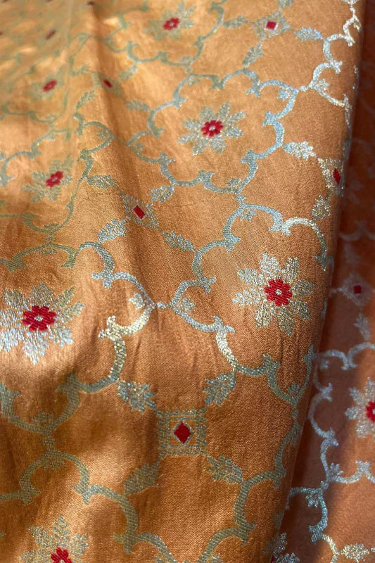 Orange Banarasi Chiniya Silk Cotton Meenakari Fabric ( 1 Mtr ) - Luxurion World