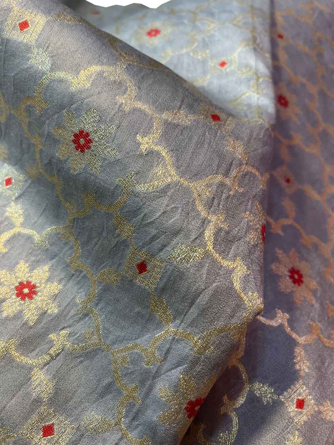 Grey Banarasi Chiniya Silk Cotton Meenakari Fabric ( 1 Mtr ) - Luxurion World