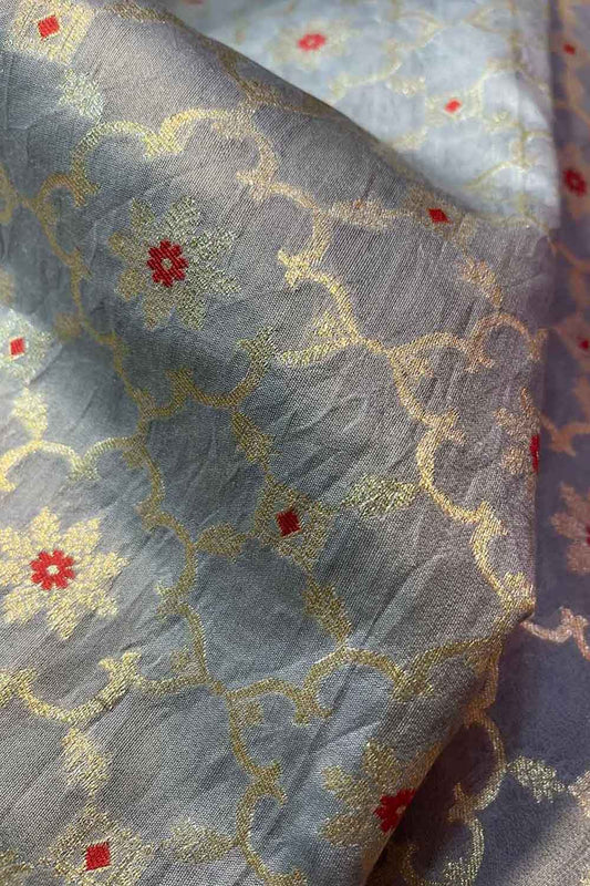 Grey Banarasi Chiniya Silk Cotton Meenakari Fabric ( 1 Mtr ) - Luxurion World
