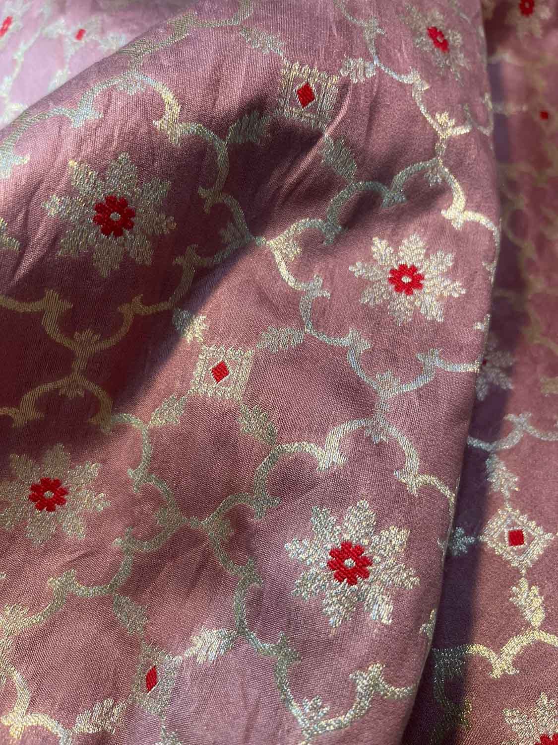 Pink Banarasi Chiniya Silk Cotton Meenakari Fabric ( 1 Mtr ) - Luxurion World
