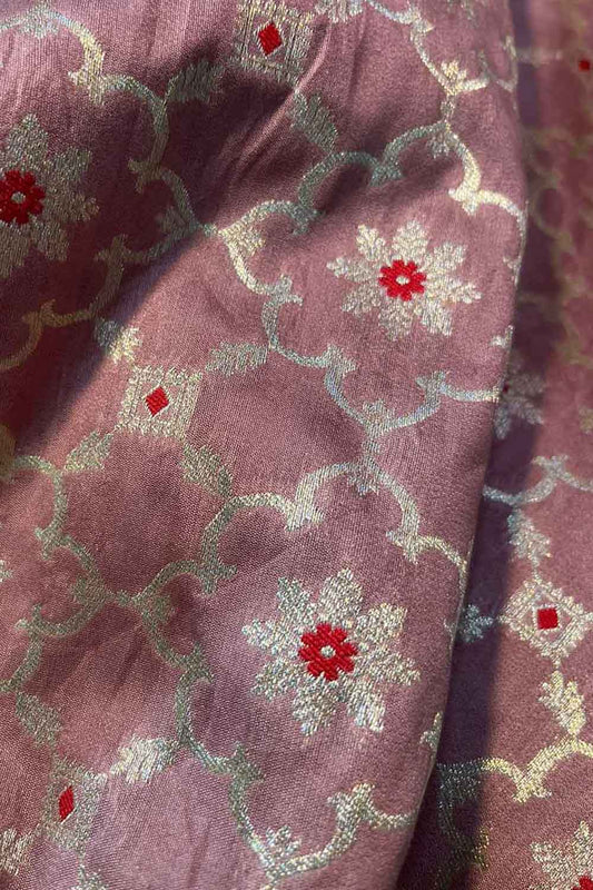 Pink Banarasi Chiniya Silk Cotton Meenakari Fabric ( 1 Mtr ) - Luxurion World