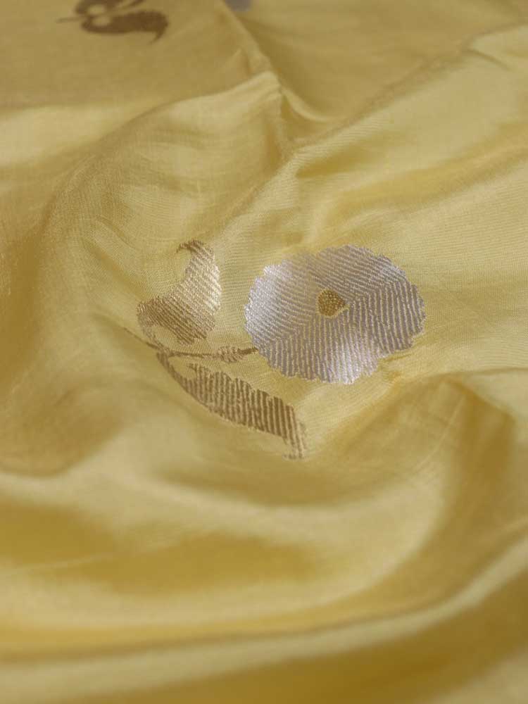 Yellow Handloom Banarasi Tissue Katan Silk Fabric ( 1 Mtr ) - Luxurion World