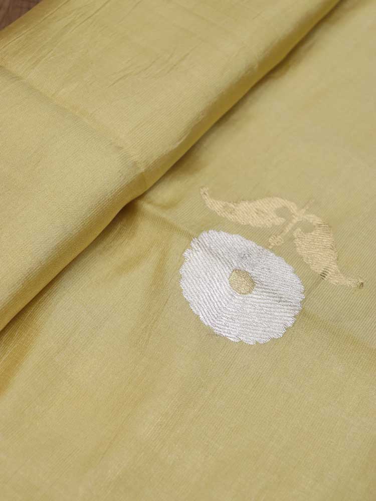 Yellow Handloom Banarasi Tissue Katan Silk Fabric ( 1 Mtr ) - Luxurion World