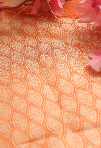 Orange Banarasi Brocade Silk Fabric ( 1 Mtr ) - Luxurion World