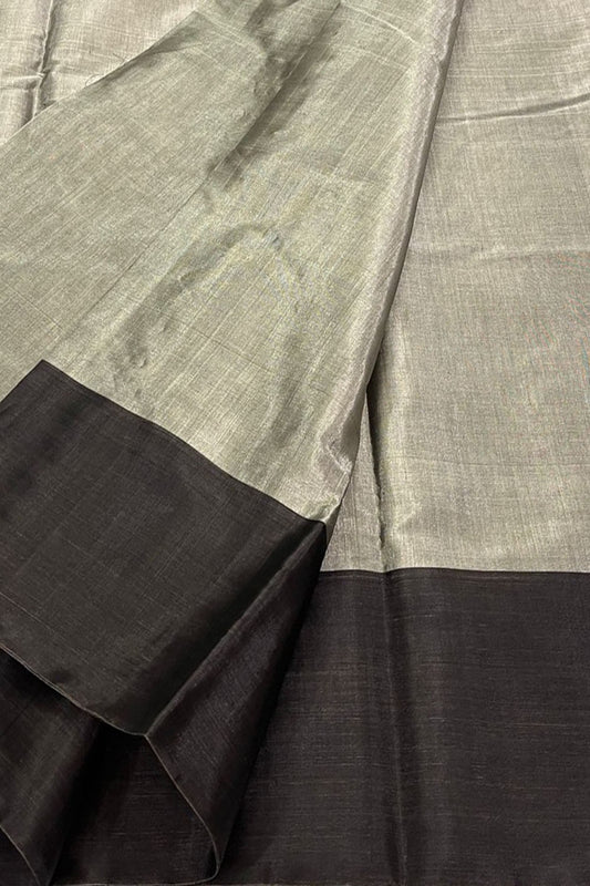 Silver And Black Handloom Chanderi Pure Tissue Silk Fabric ( 1 Mtr )
