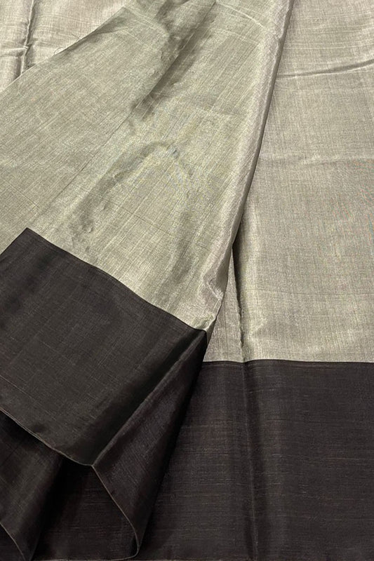 Silver And Black Handloom Chanderi Pure Tissue Silk Fabric ( 1 Mtr ) - Luxurion World