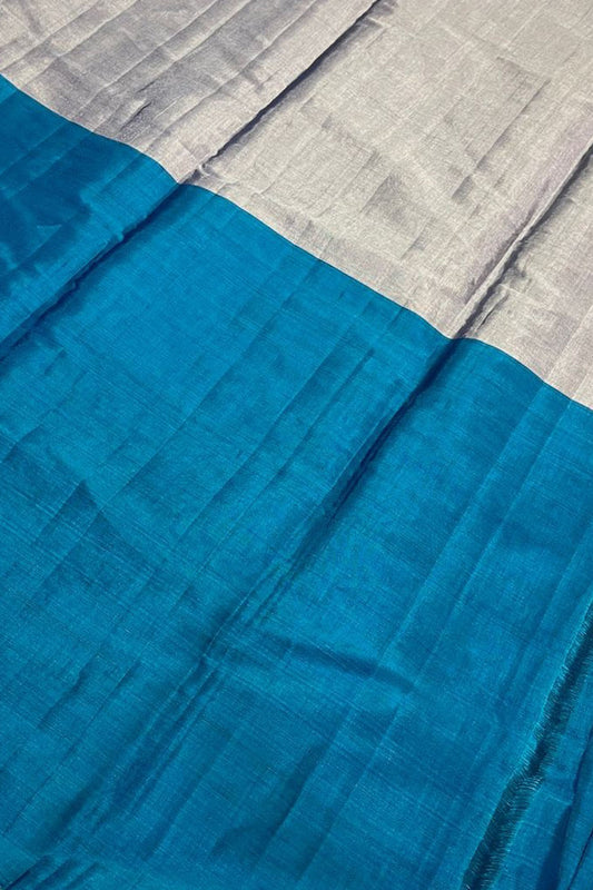 Blue And Grey Handloom Chanderi Pure Tissue Silk Fabric ( 1 Mtr )