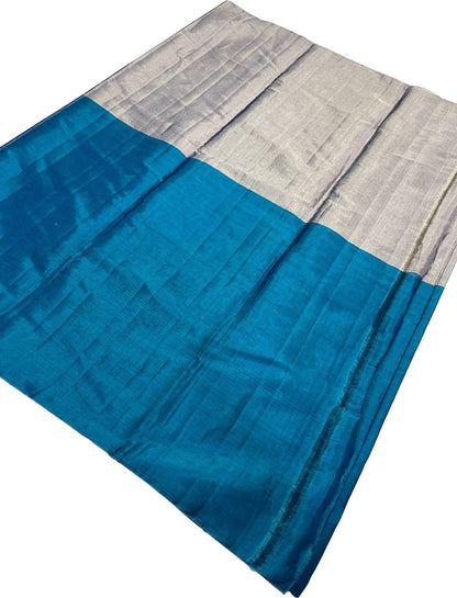 Blue And Grey Handloom Chanderi Pure Tissue Silk Fabric ( 1 Mtr ) - Luxurion World
