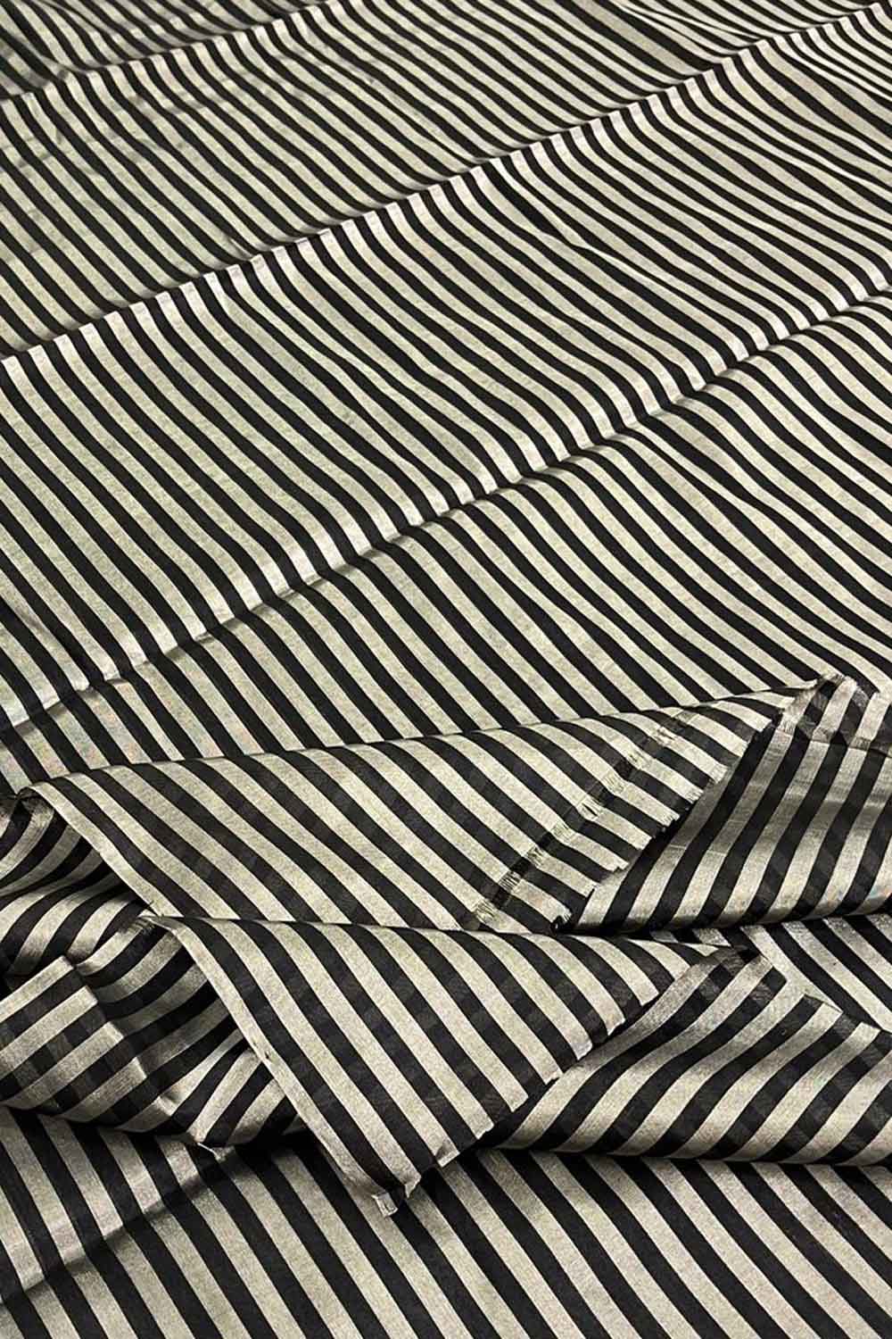 Black And Silver Handloom Chanderi Pure Tissue Silk Fabric ( 1 Mtr ) - Luxurion World