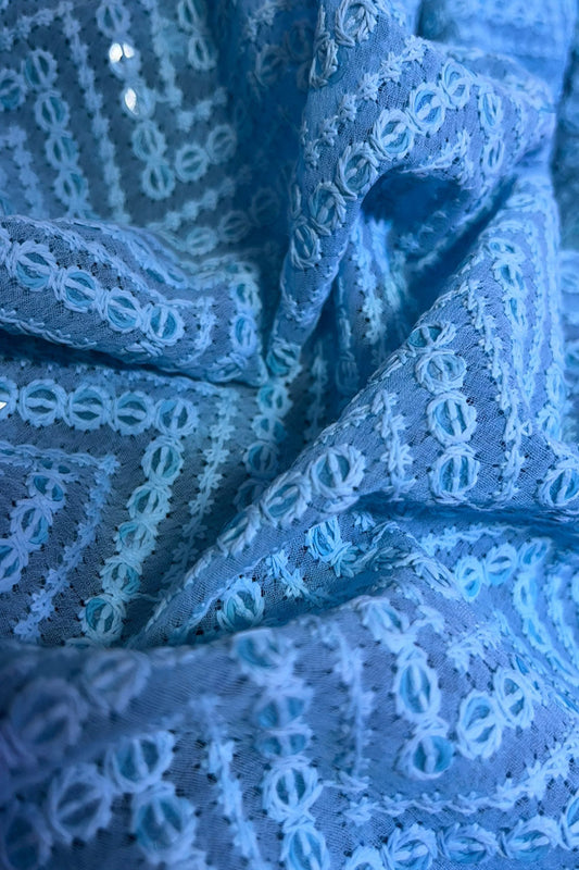 Blue Embroidered Chikankari Georgette Sequins Work Fabric ( 1 Mtr ) - Luxurion World