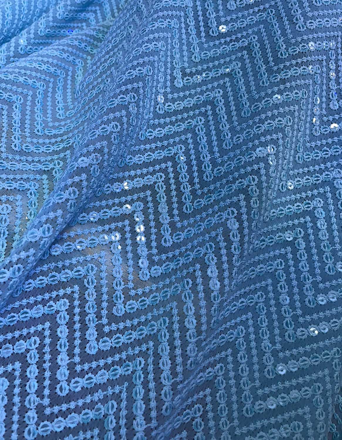 Blue Embroidered Chikankari Georgette Sequins Work Fabric ( 1 Mtr ) - Luxurion World
