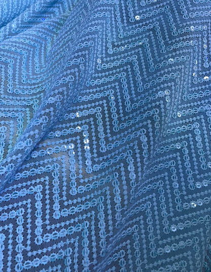 Blue Embroidered Chikankari Georgette Sequins Work Fabric ( 1 Mtr ) - Luxurion World