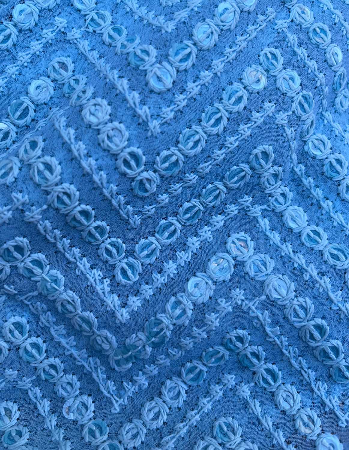 Blue Embroidered Chikankari Georgette Sequins Work Fabric ( 1 Mtr ) - Luxurion World