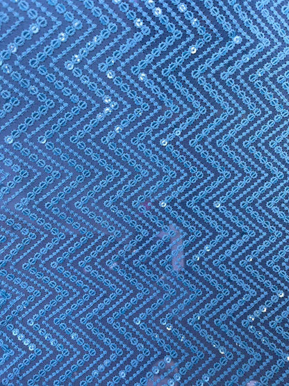 Blue Embroidered Chikankari Georgette Sequins Work Fabric ( 1 Mtr ) - Luxurion World