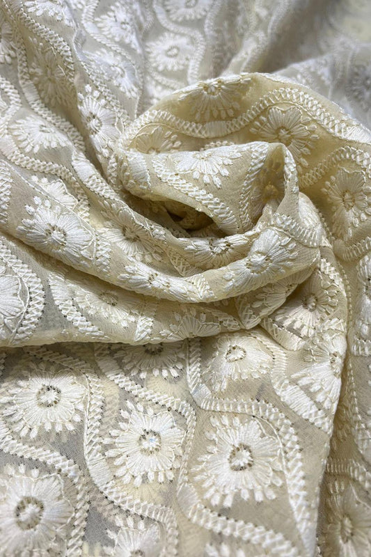 Yellow Embroidered Chikankari Georgette Fabric ( 1 Mtr ) - Luxurion World