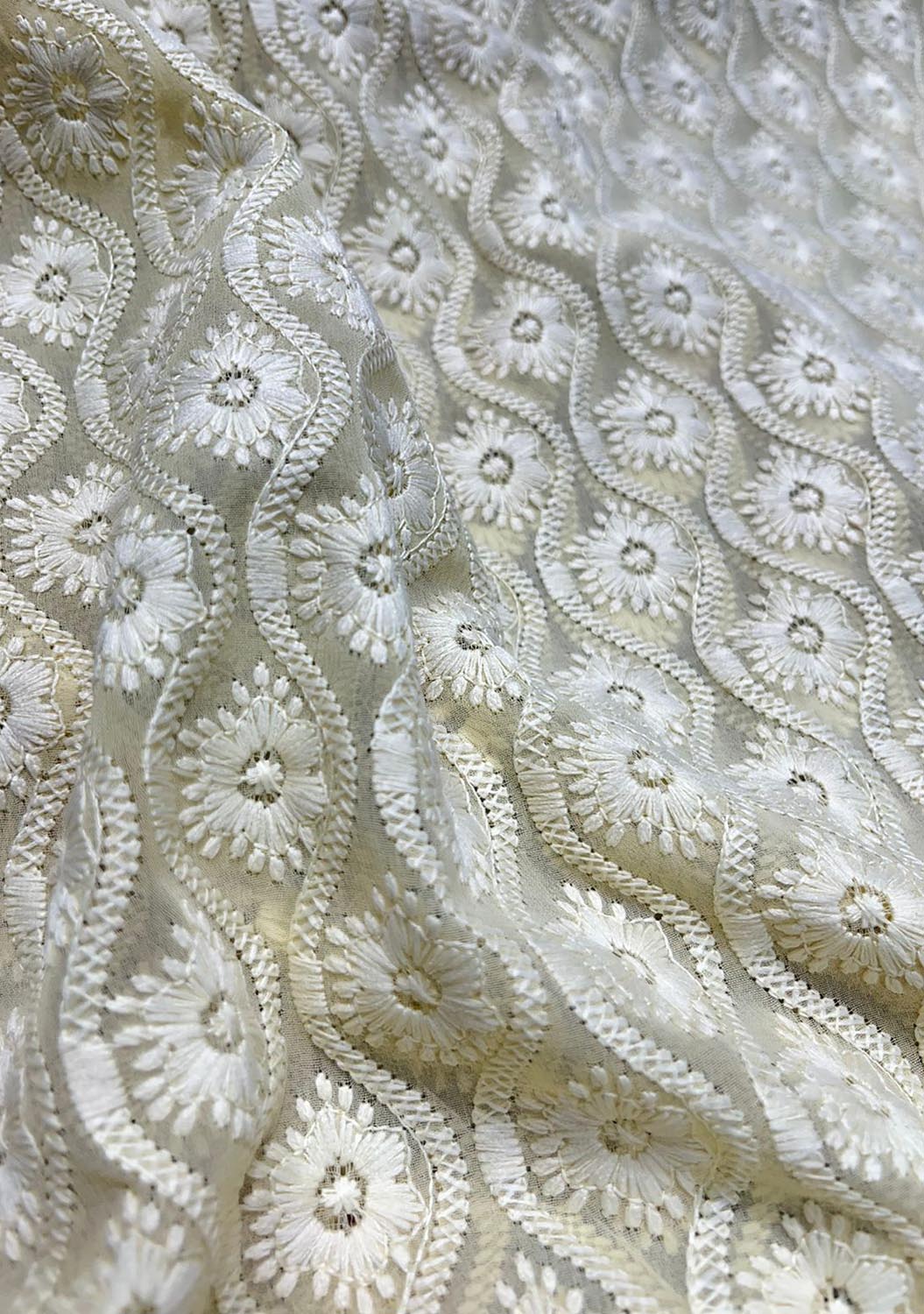 Yellow Embroidered Chikankari Georgette Fabric ( 1 Mtr ) - Luxurion World