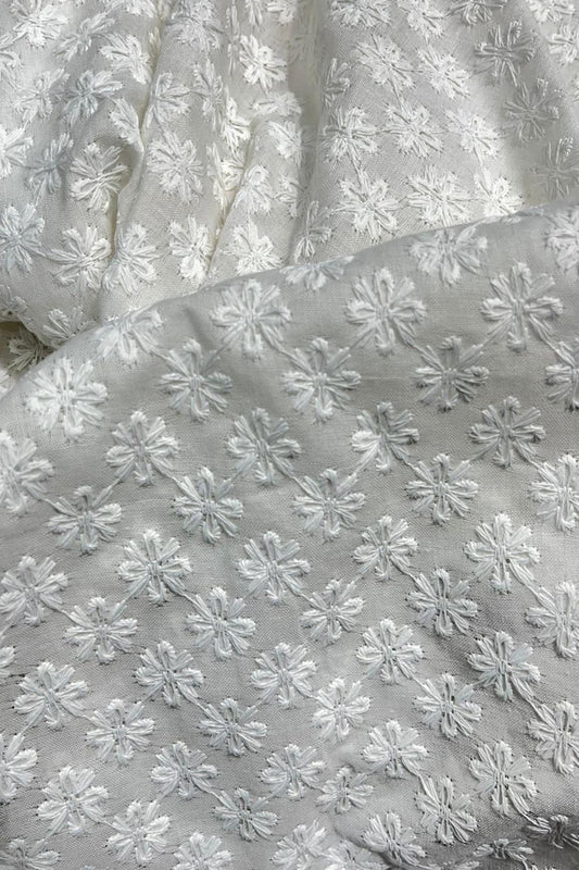 Off White Embroidered Chikankari Cotton Fabric ( 1 Mtr ) - Luxurion World