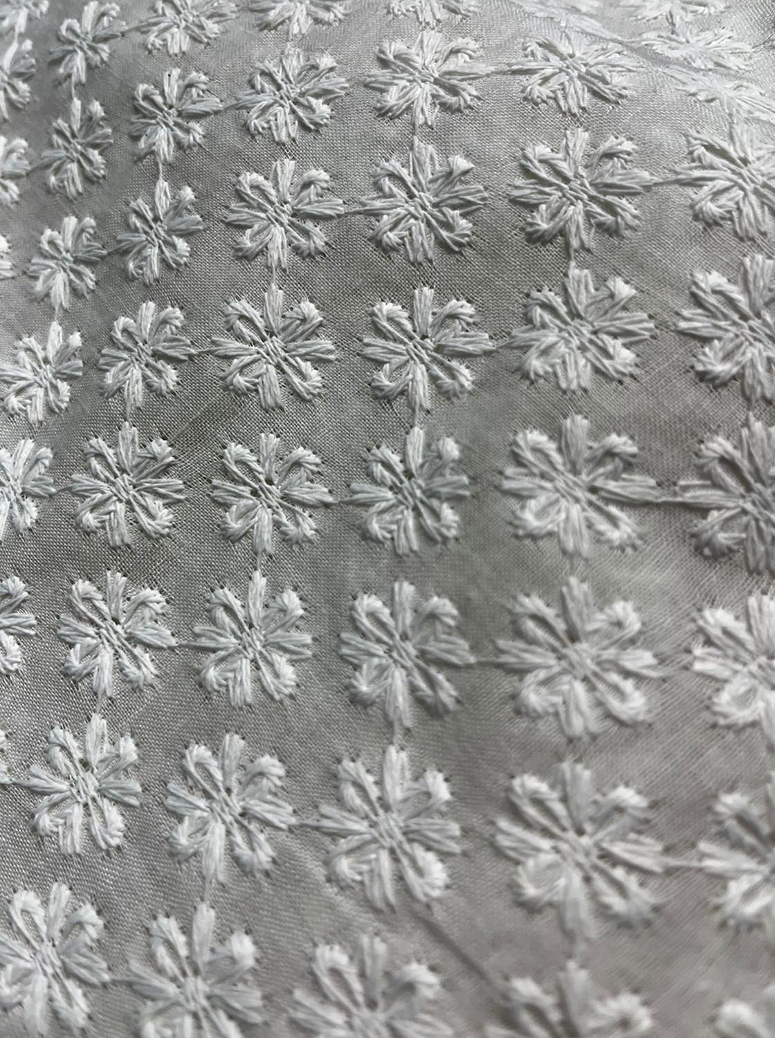 Off White Embroidered Chikankari Cotton Fabric ( 1 Mtr ) - Luxurion World