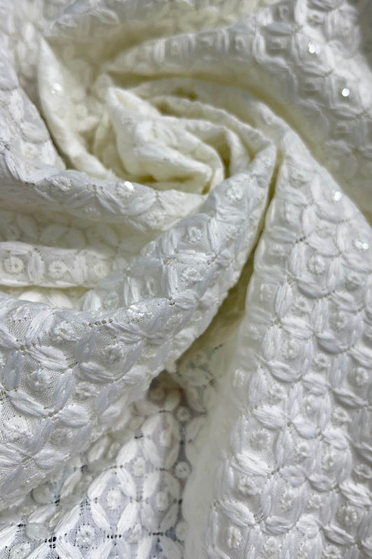 Off White Embroidered Chikankari Cotton Fabric ( 1 Mtr )