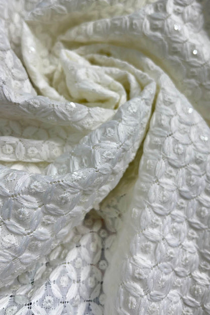 Off White Embroidered Chikankari Cotton Fabric ( 1 Mtr ) - Luxurion World