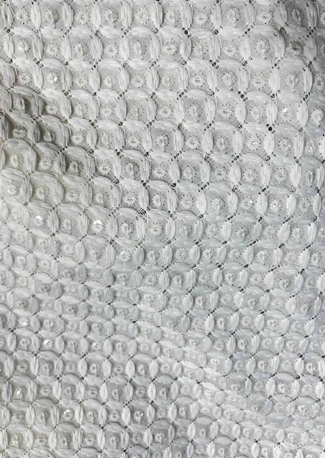 Off White Embroidered Chikankari Cotton Fabric ( 1 Mtr ) - Luxurion World