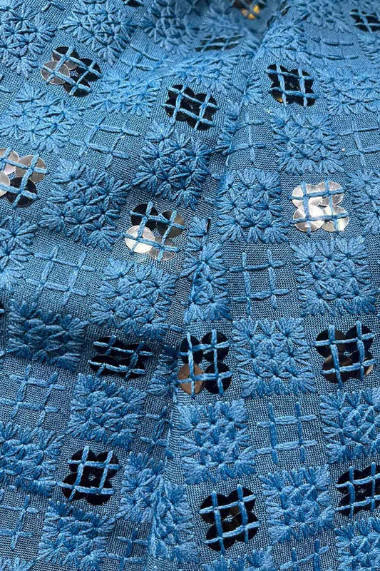 Blue Embroidered Chikankari Cotton Fabric ( 1 Mtr ) - Luxurion World