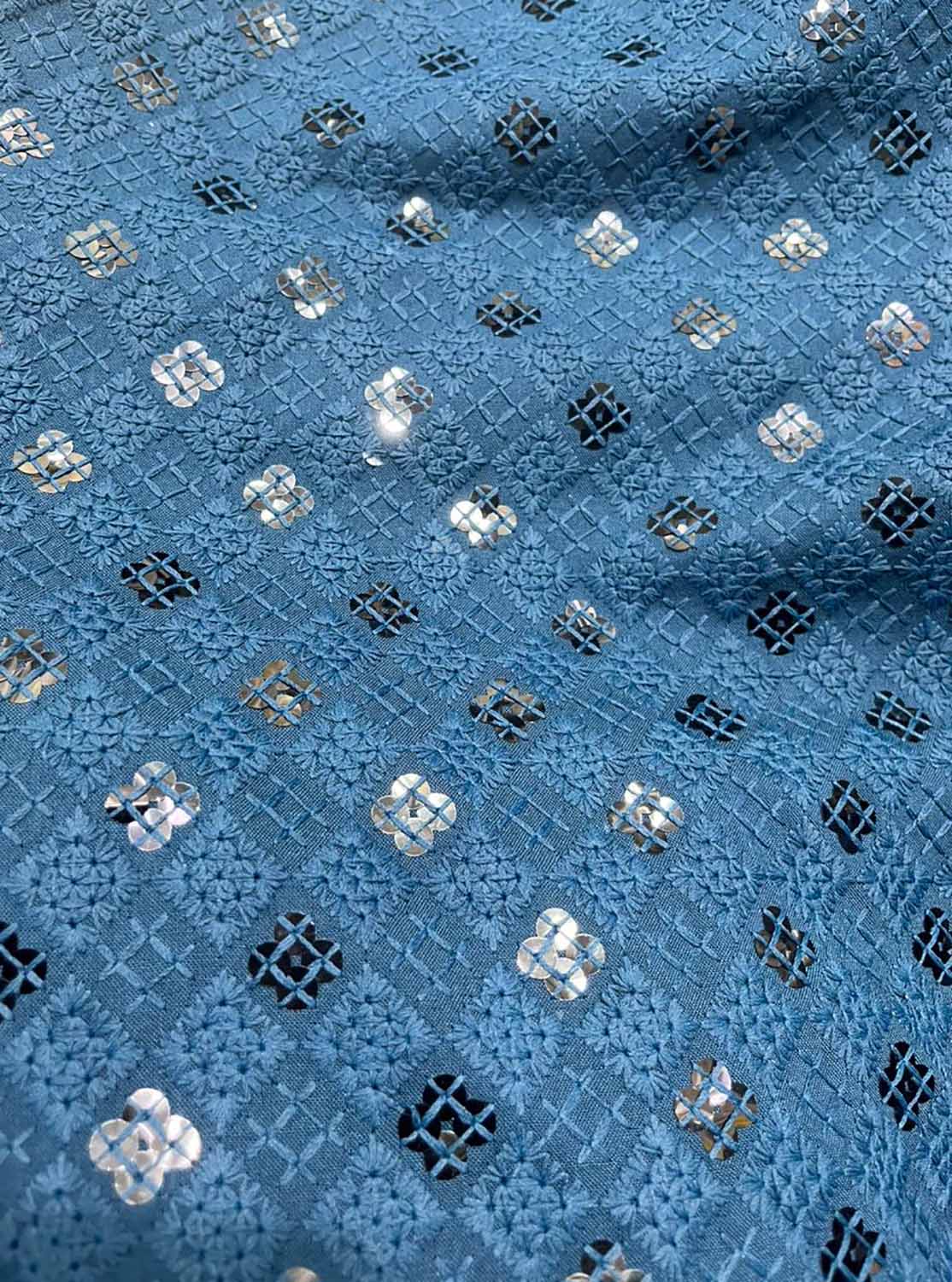 Blue Embroidered Chikankari Cotton Fabric ( 1 Mtr ) - Luxurion World