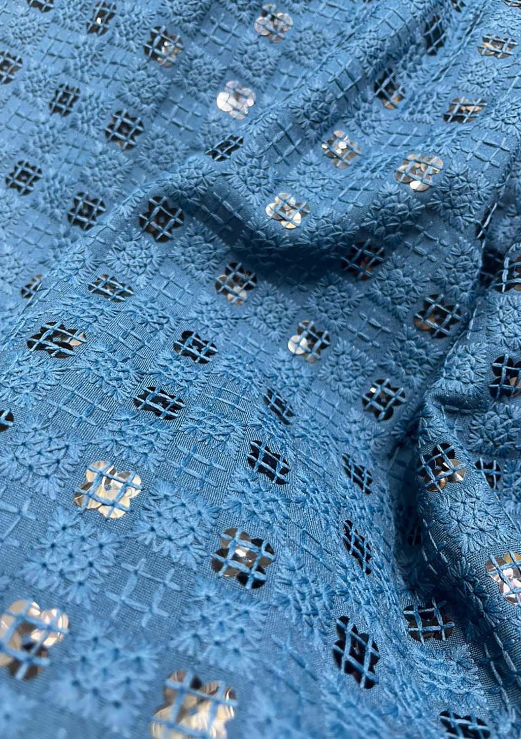 Blue Embroidered Chikankari Cotton Fabric ( 1 Mtr ) - Luxurion World