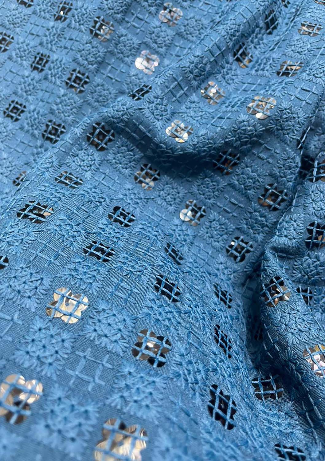 Blue Embroidered Chikankari Cotton Fabric ( 1 Mtr ) - Luxurion World