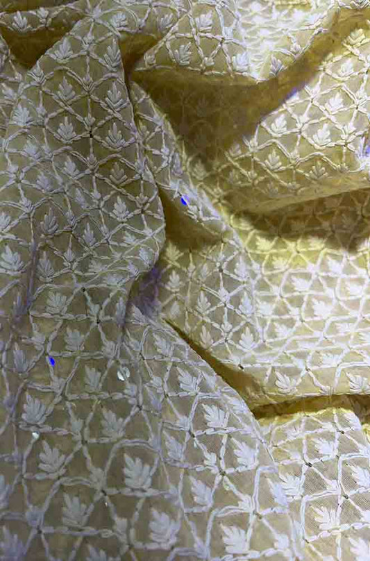 Yellow Embroidered Chikankari Georgette Fabric ( 1 Mtr ) - Luxurion World
