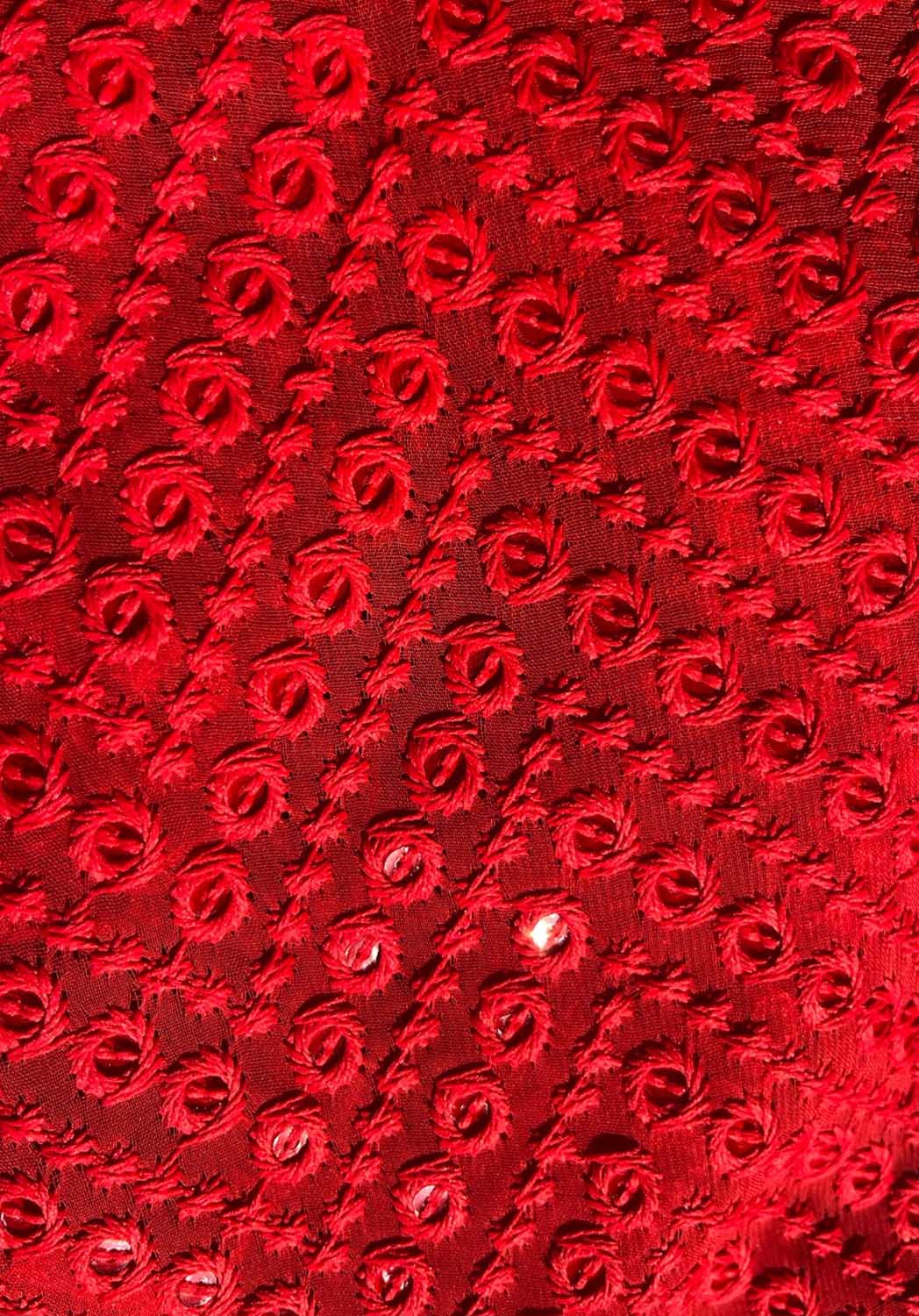 Red Embroidered Chikankari Georgette Sequins Work Fabric ( 1 Mtr ) - Luxurion World