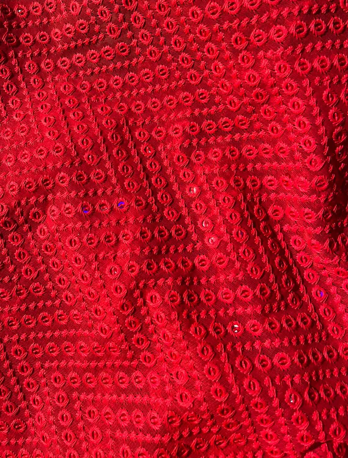 Red Embroidered Chikankari Georgette Sequins Work Fabric ( 1 Mtr ) - Luxurion World