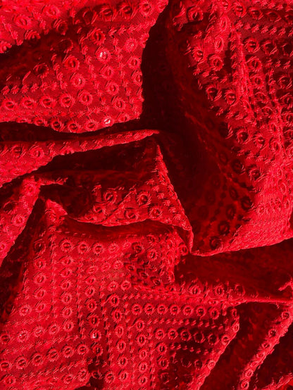 Red Embroidered Chikankari Georgette Sequins Work Fabric ( 1 Mtr ) - Luxurion World