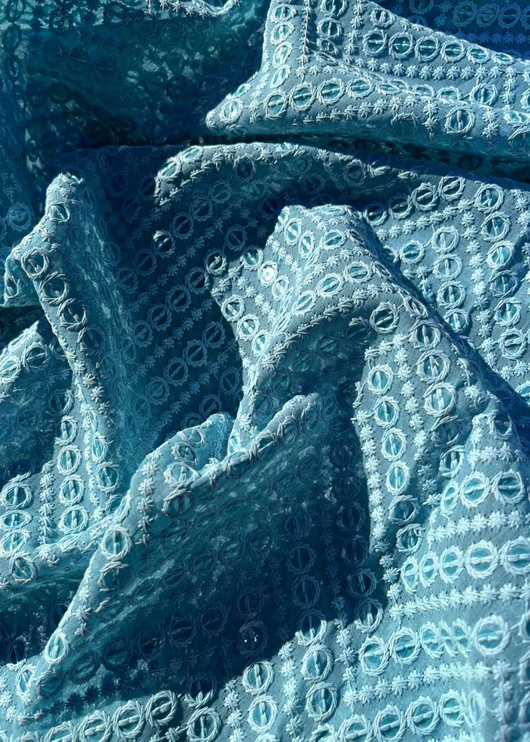Blue Embroidered Chikankari Georgette Sequins Work Fabric ( 1 Mtr ) - Luxurion World
