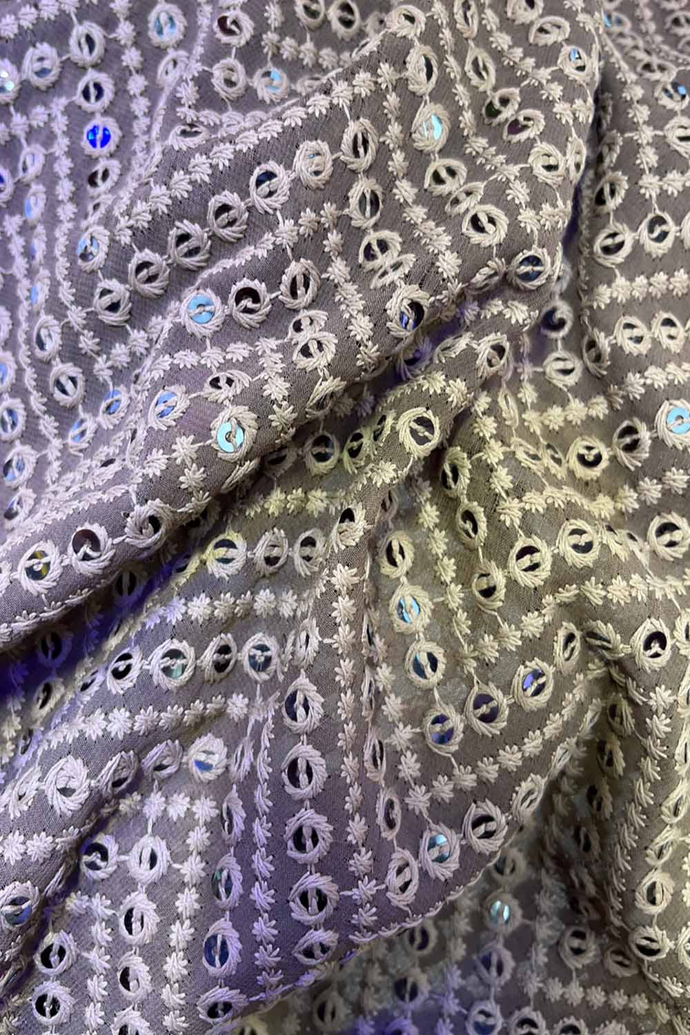 Grey Embroidered Chikankari Georgette Sequins Work Fabric ( 1 Mtr )
