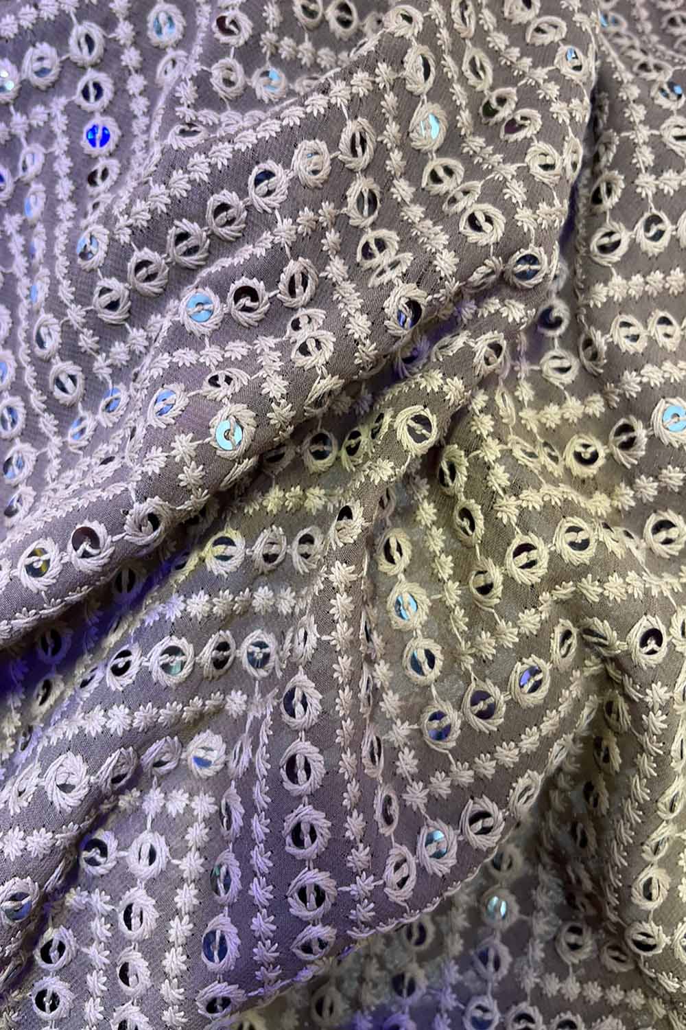 Grey Embroidered Chikankari Georgette Sequins Work Fabric ( 1 Mtr ) - Luxurion World