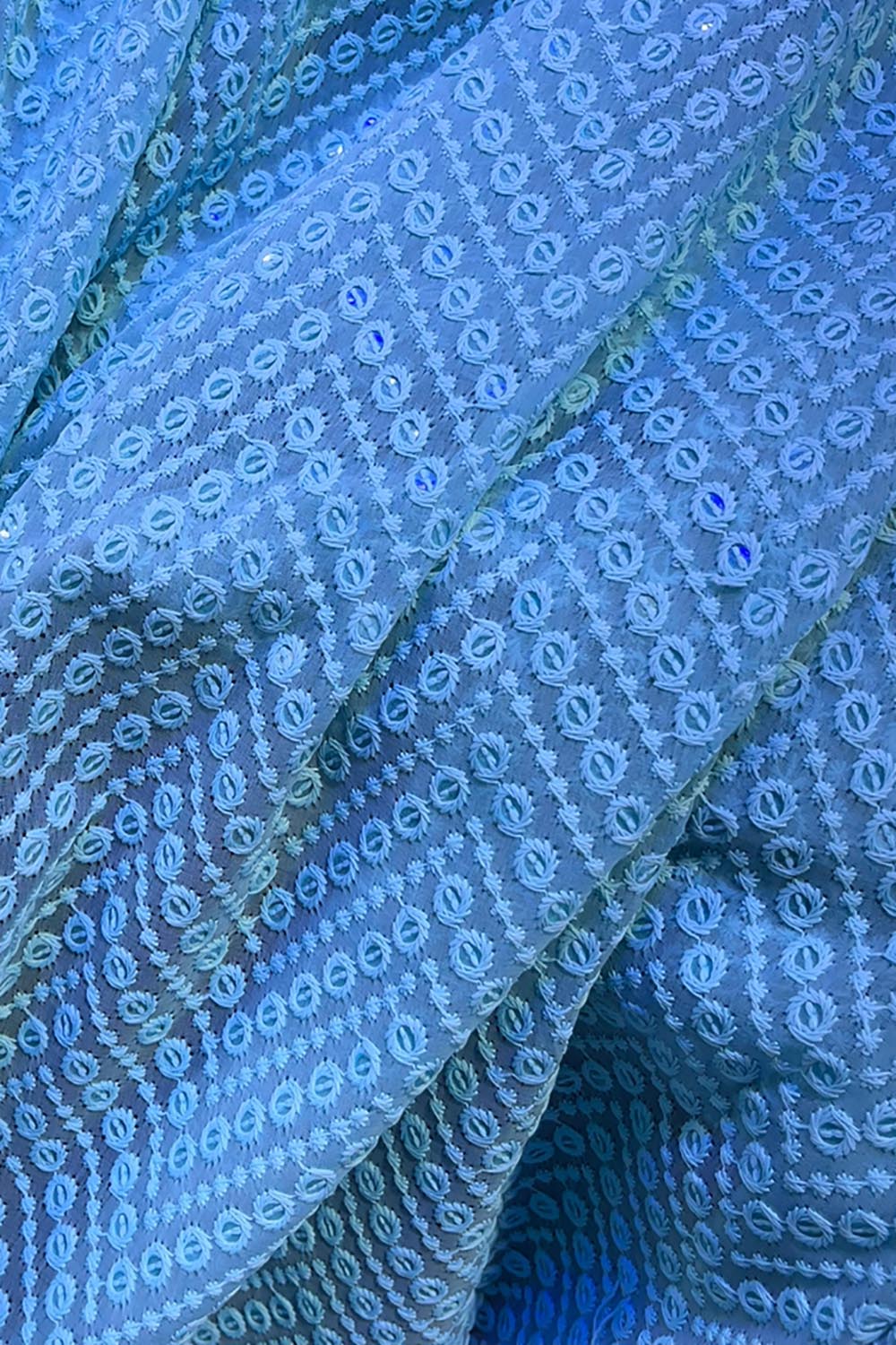 Blue Embroidered Chikankari Georgette Sequins Work Fabric ( 1 Mtr ) - Luxurion World
