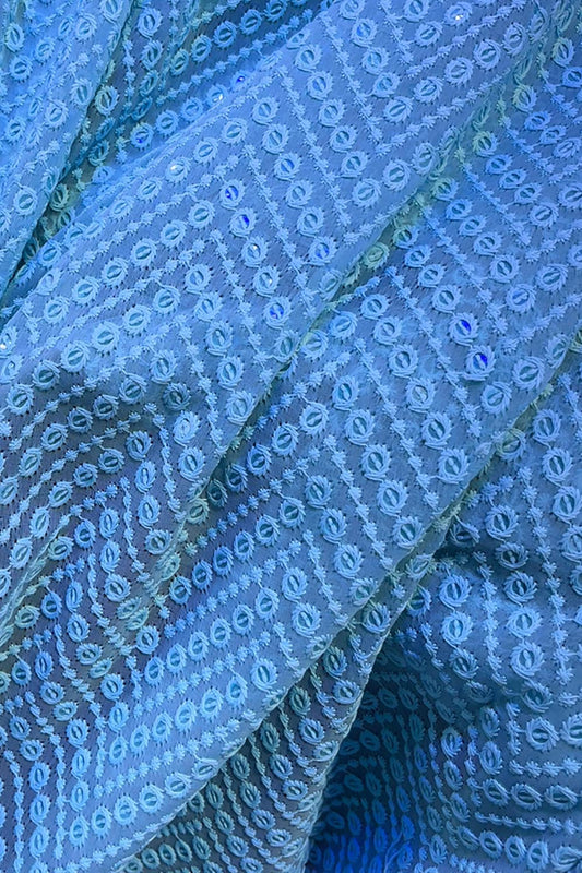 Blue Embroidered Chikankari Georgette Sequins Work Fabric ( 1 Mtr ) - Luxurion World
