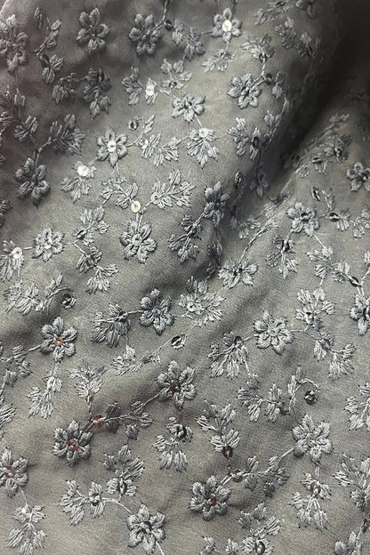 Stunning Grey Chikankari Georgette Fabric with Embroidery ( 1 Mtr )