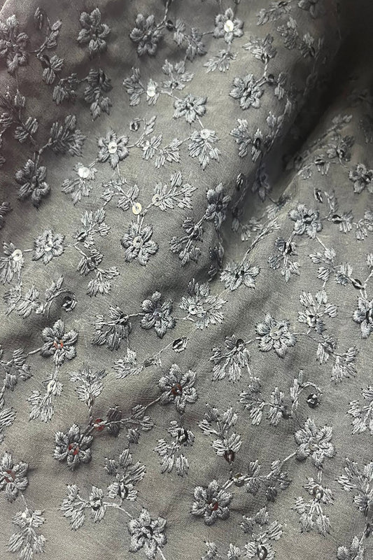 Stunning Grey Chikankari Georgette Fabric with Embroidery ( 1 Mtr ) - Luxurion World