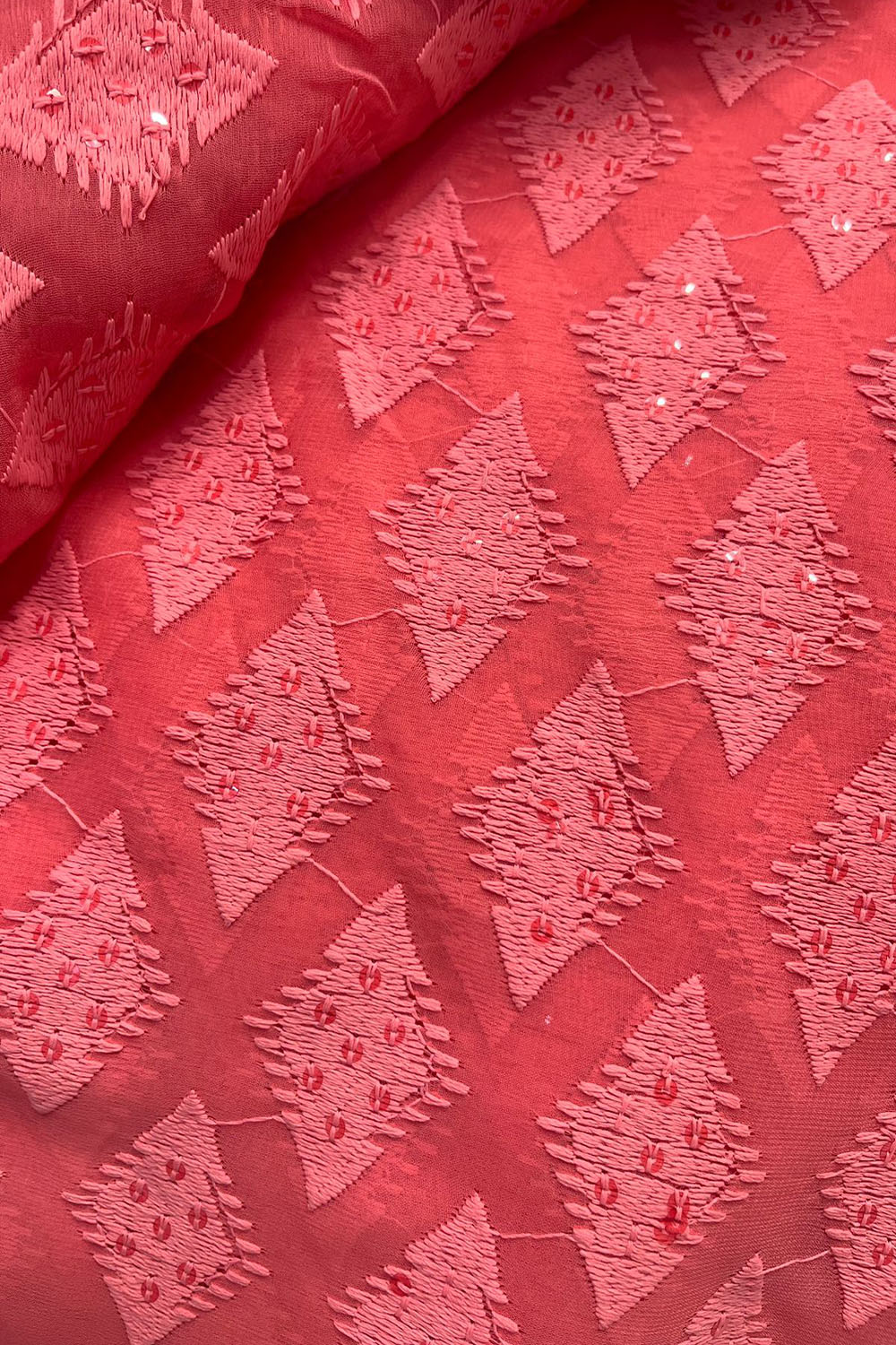 Stunning Red Chikankari Georgette Fabric with Intricate Embroidery - Luxurion World