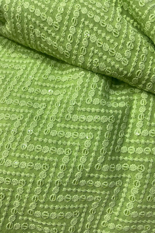 Stunning Green Chikankari Georgette Fabric with Embroidery - Luxurion World