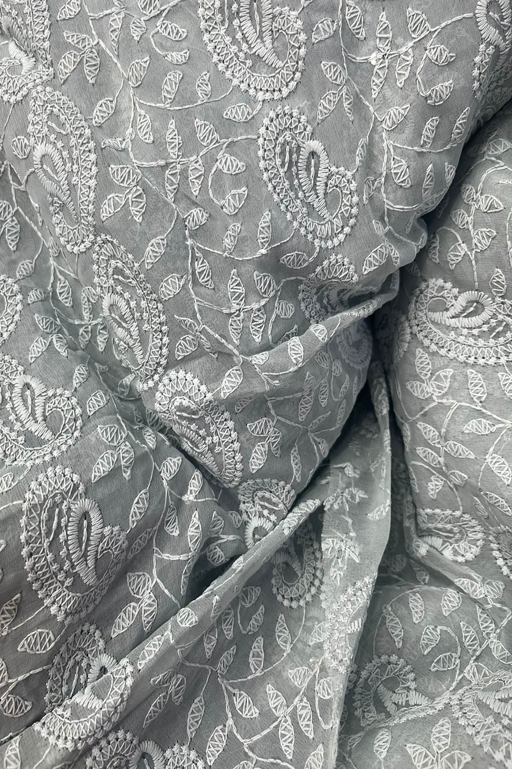 Stunning Grey Chikankari Georgette Fabric with Embroidery