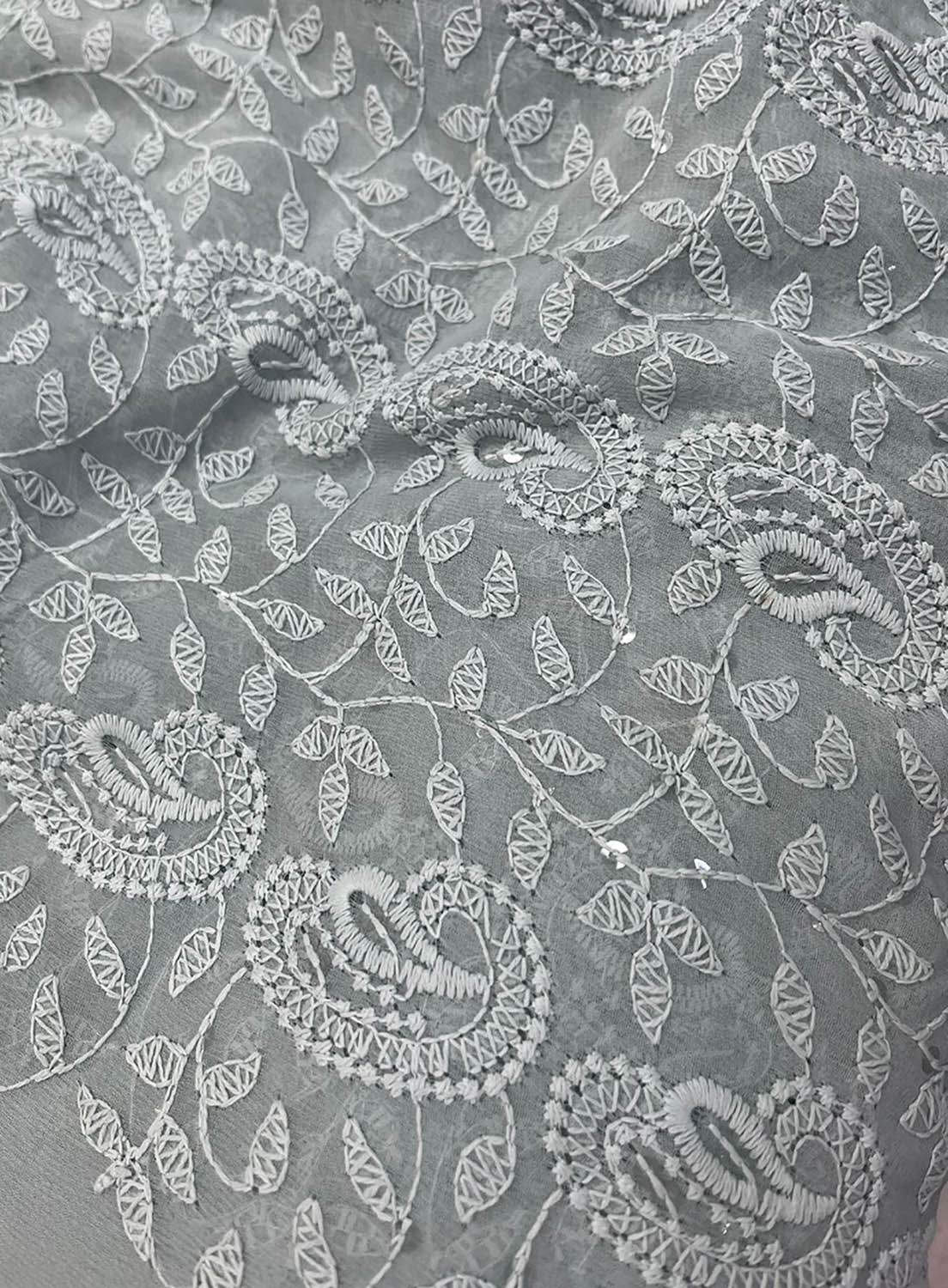 Stunning Grey Chikankari Georgette Fabric with Embroidery