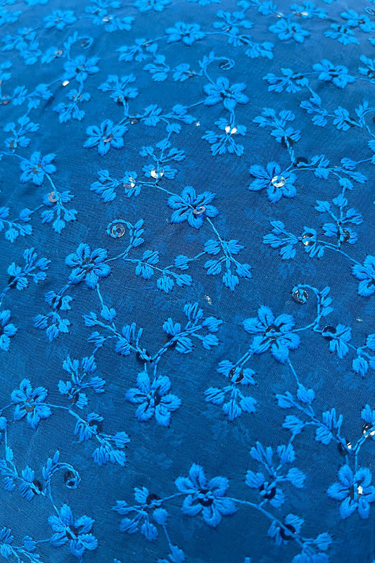 Stunning Blue Chikankari Georgette Fabric with Intricate Embroidery