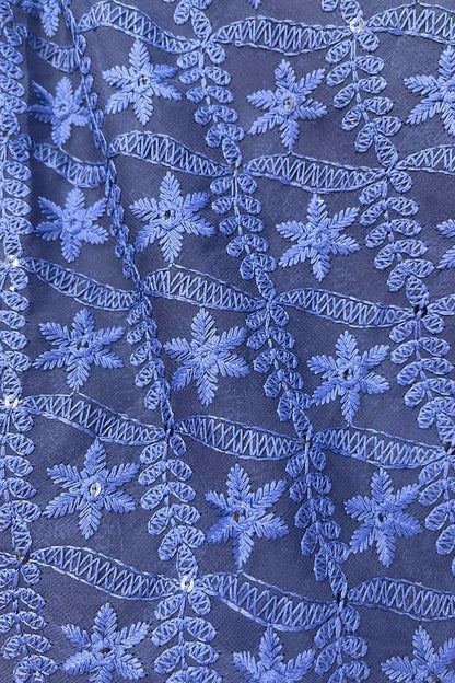 Stunning Blue Chikankari Georgette Fabric with Intricate Embroidery