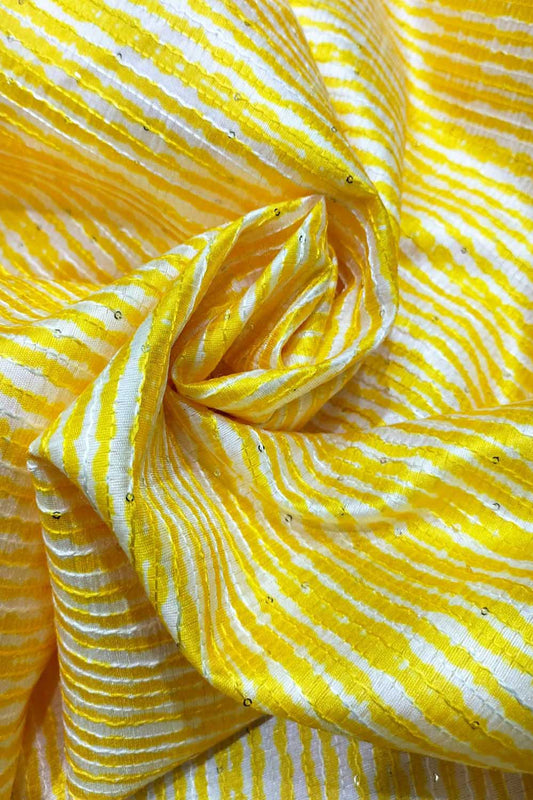 Yellow Trendy Digital Printed Dupion Silk Sequin Work Fabric