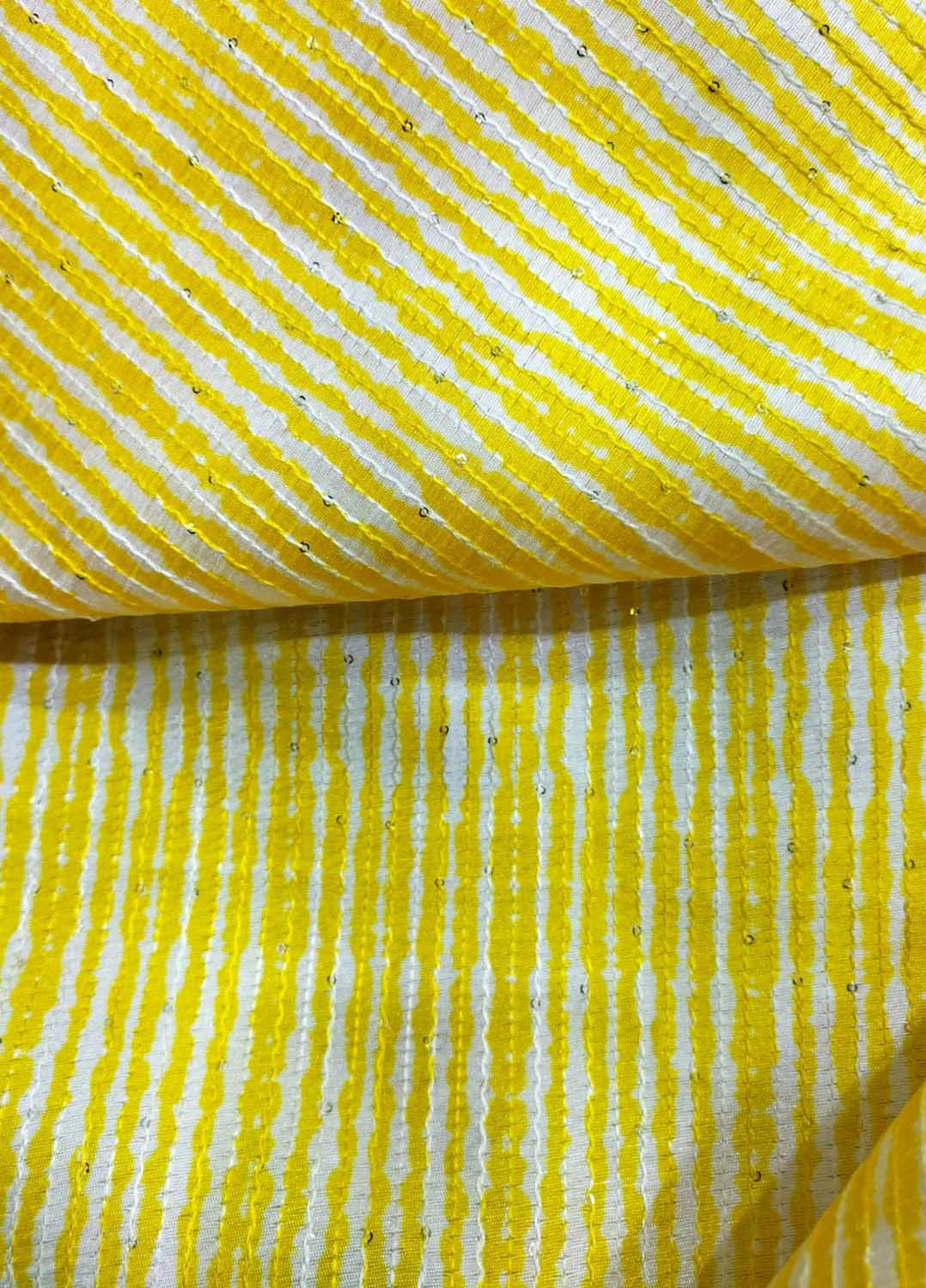 Yellow Trendy Digital Printed Dupion Silk Sequin Work Fabric - Luxurion World